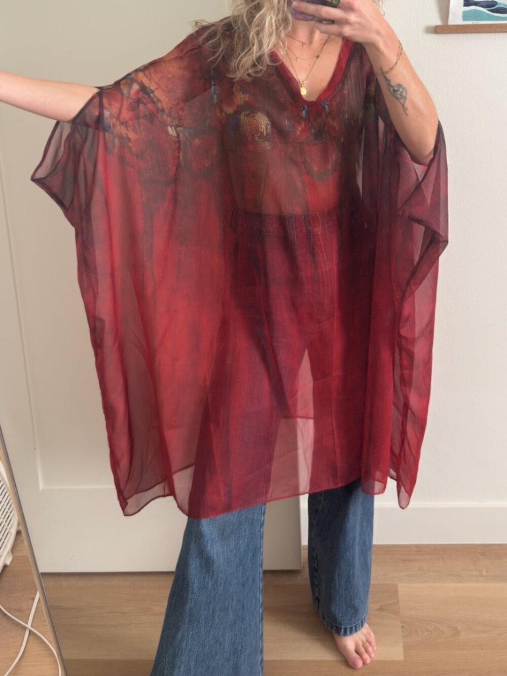 Vintage Sheer Lightweight Soft Red Boho Shawl Cover Up